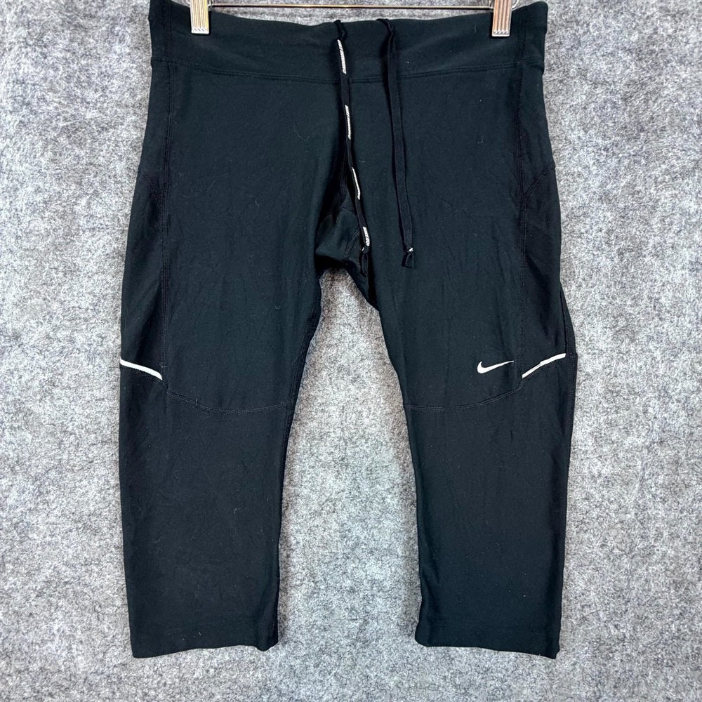 Nike Running Capri Leggings‎ Womens M Black Swoosh Dri-Fit Stretch Gym Training